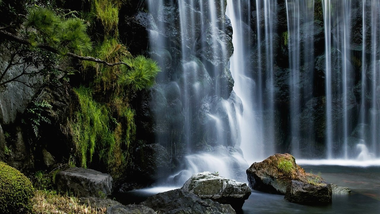 Обои камни, водопад, япония, мох, растительность, stones, waterfall, japan, moss, vegetation разрешение 1920x1200 Загрузить