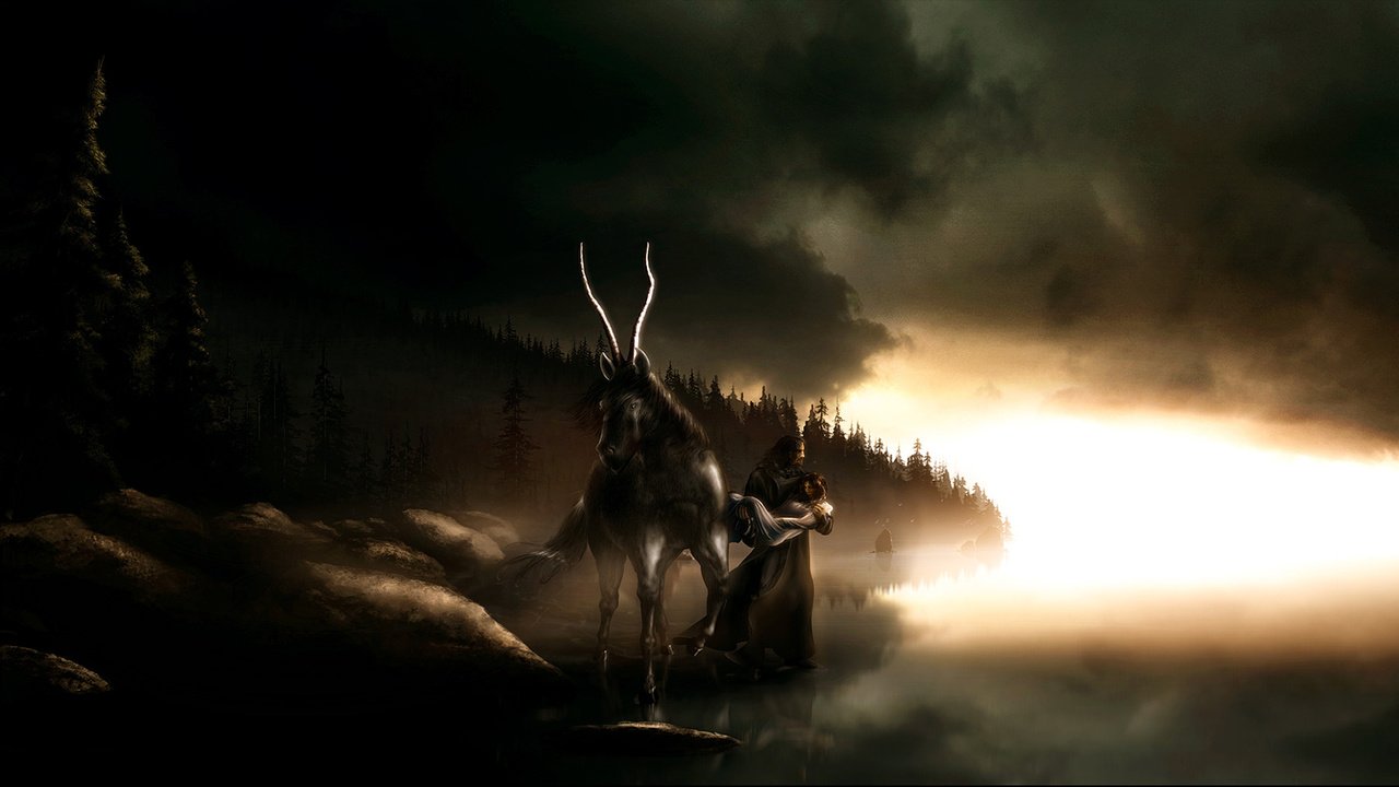 Обои мрак, тучи, девушка, мужик, рога, конь, the darkness, clouds, girl, man, horns, horse разрешение 1920x1080 Загрузить