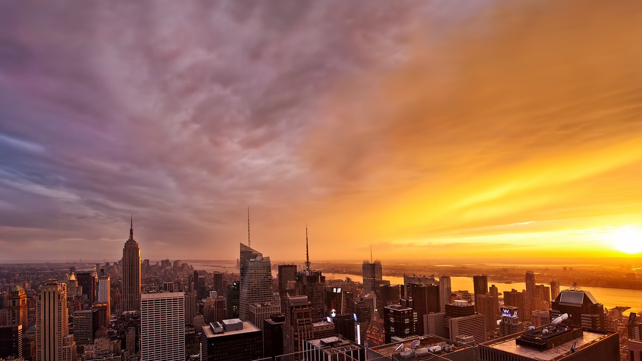 Обои закат, вид сверху, небоскребы, нью-йорк, sunset, the view from the top, skyscrapers, new york разрешение 1920x1200 Загрузить