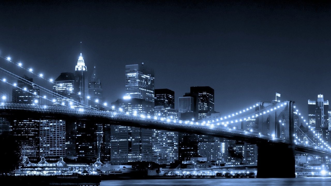 Обои ночь, огни, река, мост, город, небоскребы, нью-йорк, ночной, бруклинский мост, brooklyn bridge, night, lights, river, bridge, the city, skyscrapers, new york разрешение 1920x1200 Загрузить