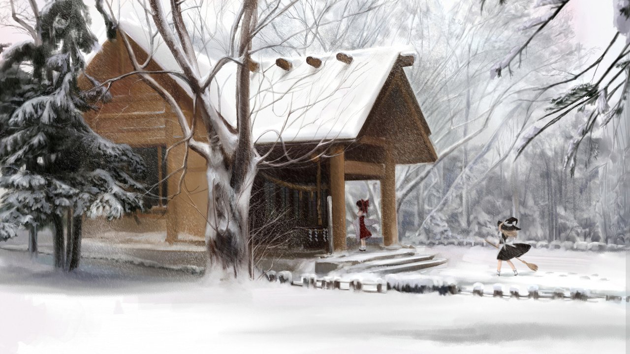 Обои деревья, снег, зима, дом, trees, snow, winter, house разрешение 2000x1392 Загрузить