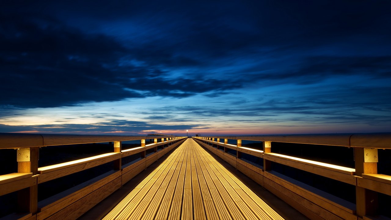 Обои небо, закат, пейзаж, мост, пирс, синее, деревянный, the sky, sunset, landscape, bridge, pierce, blue, wooden разрешение 2560x1600 Загрузить