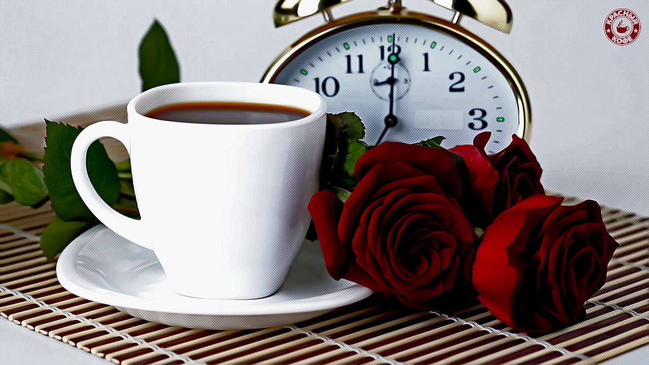 Обои цветы, розы, кофе, кружка, чашка, будильник, flowers, roses, coffee, mug, cup, alarm clock разрешение 1920x1080 Загрузить