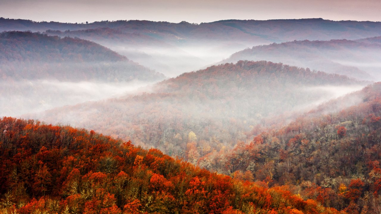 Обои небо, горы, холмы, природа, лес, туман, осень, the sky, mountains, hills, nature, forest, fog, autumn разрешение 1920x1280 Загрузить