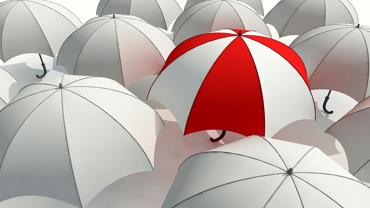 Обои красный, белый, серый, красиво, контраст, зонтики, отличие, red, white, grey, beautiful, contrast, umbrellas, the difference разрешение 2000x1250 Загрузить