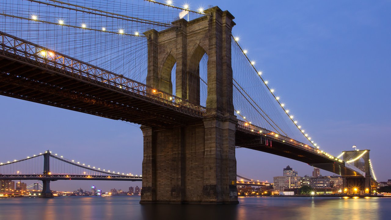 Обои new york city, ист-ривер, манхэттенский мост, бруклин бридж, east river, manhattan bridge, brooklyn bridge разрешение 1920x1080 Загрузить