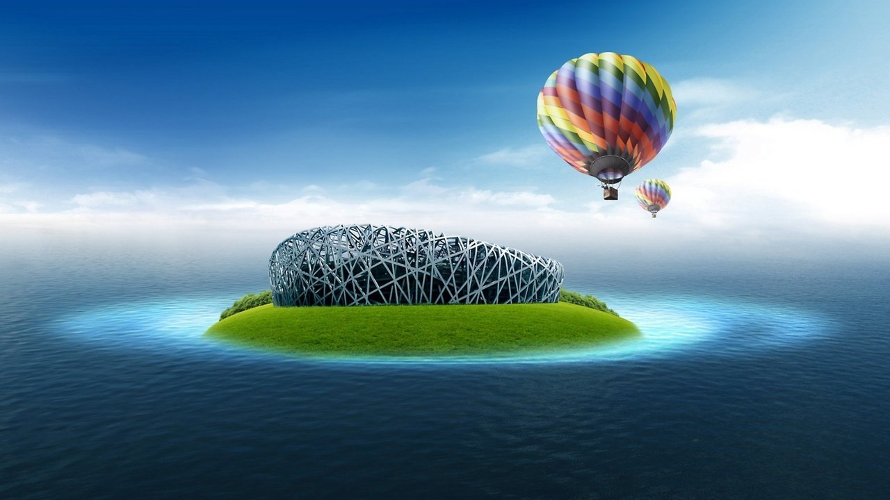 Обои воздушный шар над островом, balloon over the island разрешение 2560x1440 Загрузить