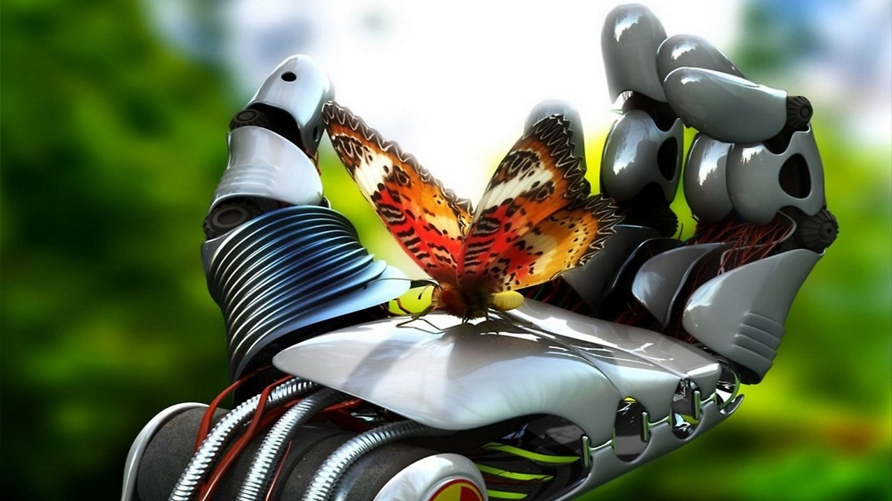 Обои бабочка в ладони робота, butterfly in the palm of the robot разрешение 1920x1080 Загрузить