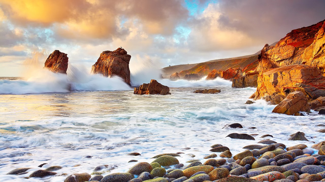 Обои облака, скалы, камни, волны, океан, сша, калифорния, clouds, rocks, stones, wave, the ocean, usa, ca разрешение 1920x1200 Загрузить