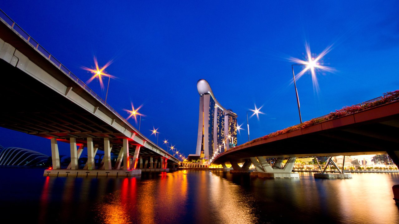 Обои огни, вечер, мост, город, снгапур, lights, the evening, bridge, the city, singapur разрешение 1920x1200 Загрузить