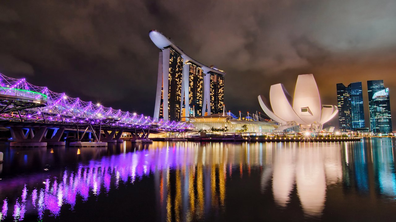 Обои мост, блики, ночной город, здания, сингапур, marina bay sands, bridge, glare, night city, building, singapore разрешение 1920x1200 Загрузить