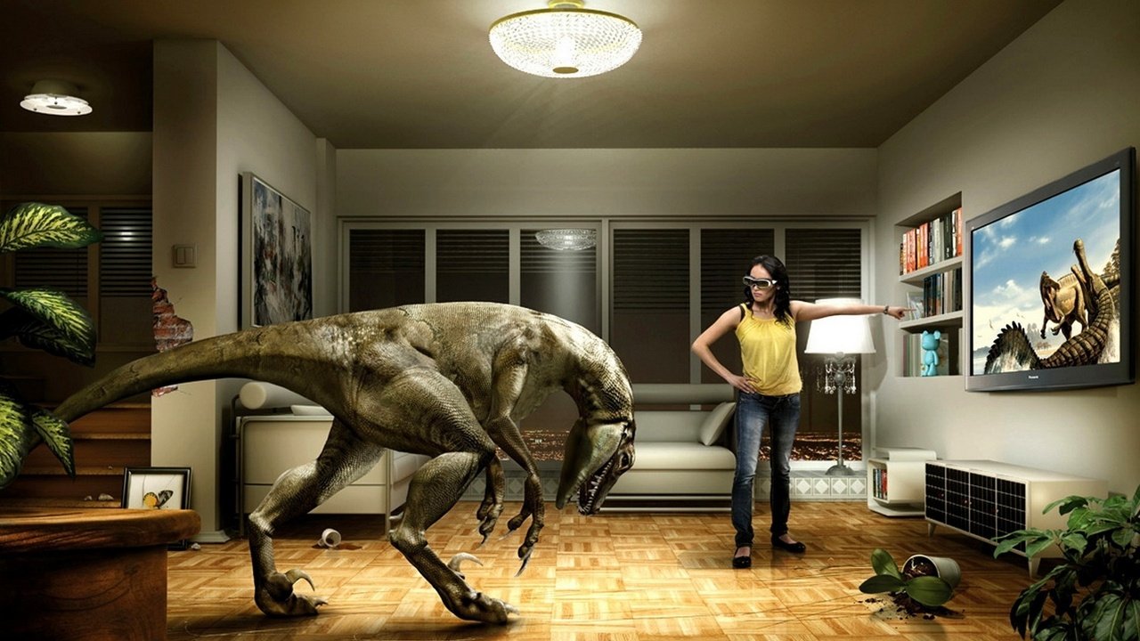 Обои девушка, телевизор, динозавр, юмор, girl, tv, dinosaur, humor разрешение 1920x1200 Загрузить