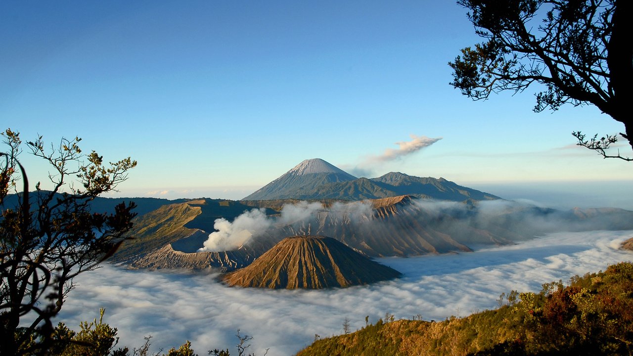 Обои деревья, горы, туман, вид, вулкан, trees, mountains, fog, view, the volcano разрешение 2560x1600 Загрузить