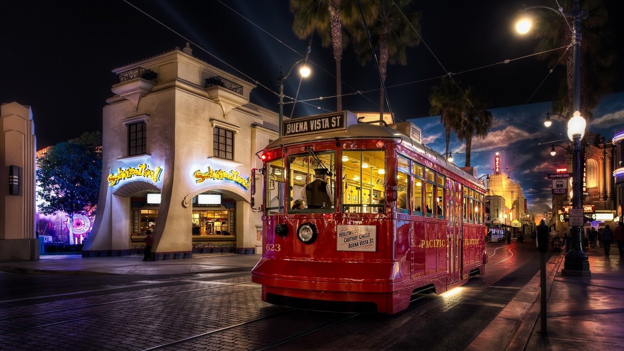 Обои ночной город, экскурсионный трамвай, night city, sightseeing tram разрешение 2560x1600 Загрузить