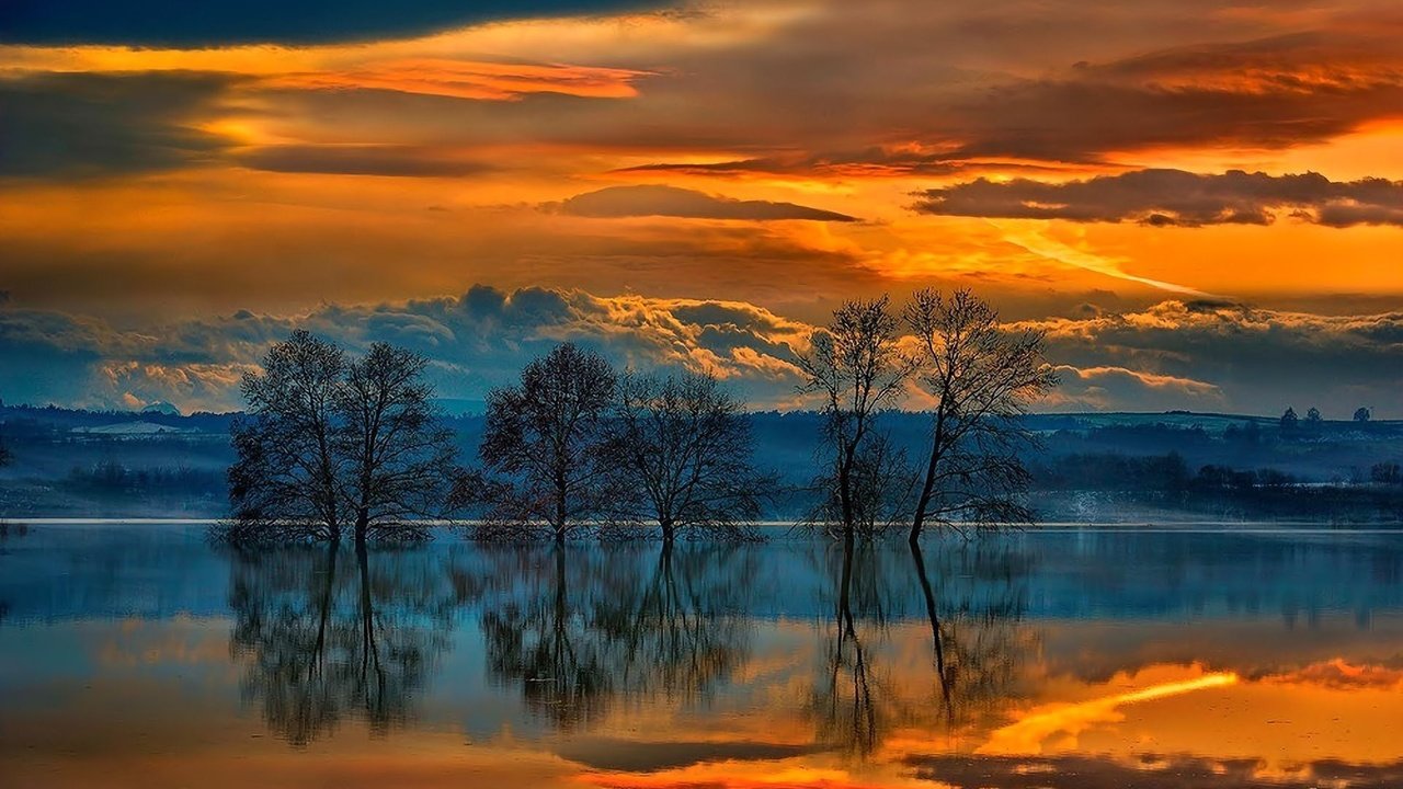 Обои деревья, вечер, озеро, закат, отражение, trees, the evening, lake, sunset, reflection разрешение 1920x1200 Загрузить
