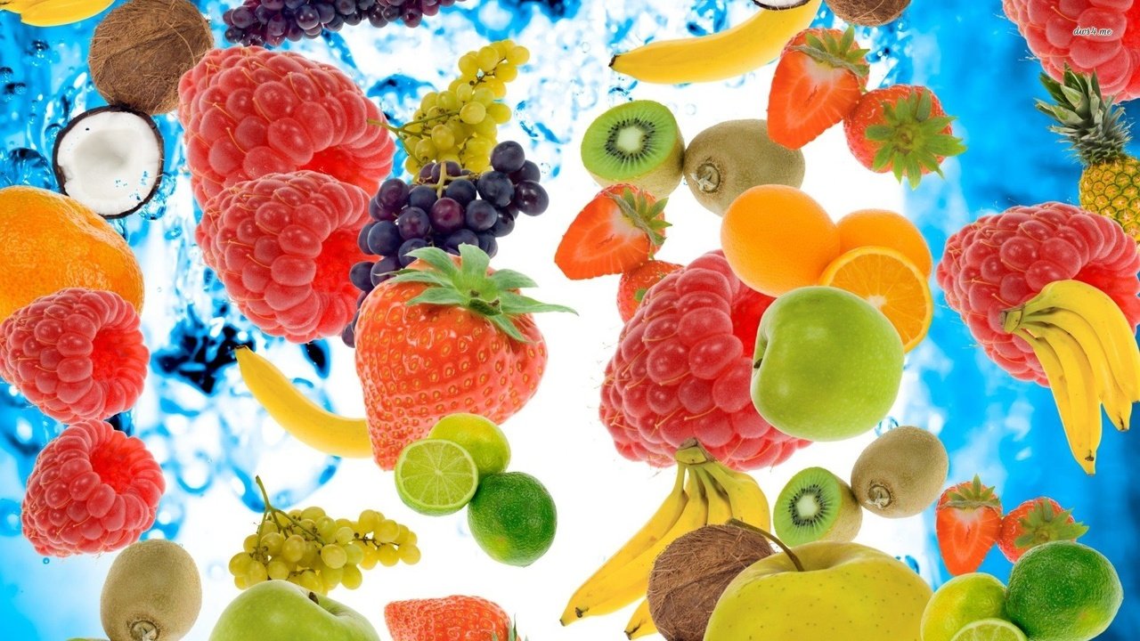 Обои виноград, киви, малина, банан, фрукты, кокос, апельсины, ананас, клубника, ягоды, яблоко, лайм, grapes, kiwi, raspberry, banana, fruit, coconut, oranges, pineapple, strawberry, berries, apple, lime разрешение 1920x1080 Загрузить