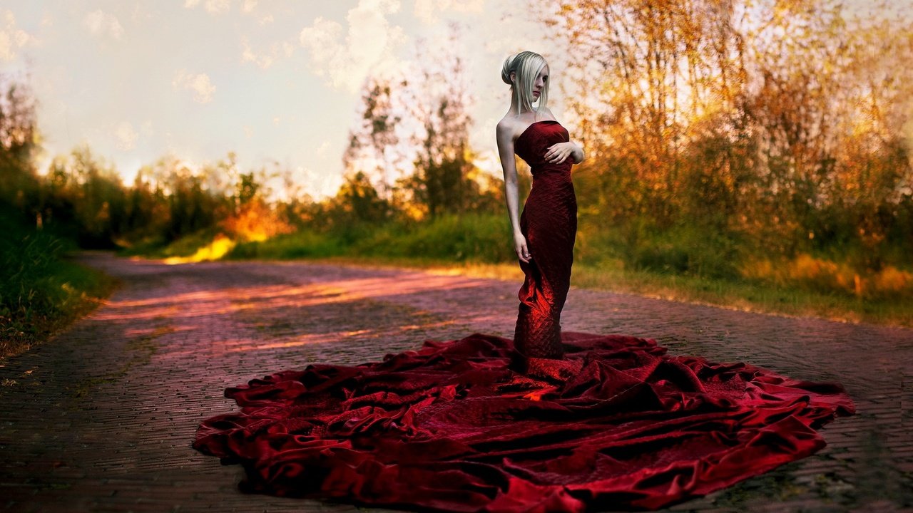 Обои дорога, девушка, фон, блондинка, красное платье, road, girl, background, blonde, red dress разрешение 1920x1200 Загрузить