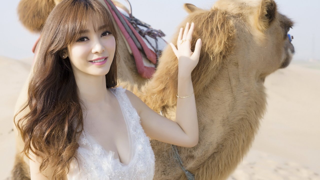 Обои девушка, животные, пустыня, азиатка, верблюд, girl, animals, desert, asian, camel разрешение 2880x1800 Загрузить