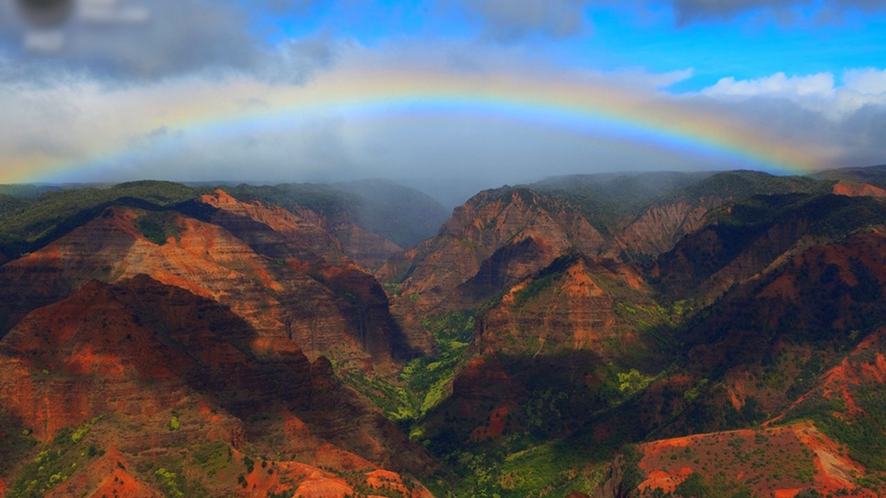 Обои небо, каньон, радуга, красота, сша, каньон ваймеа, the sky, canyon, rainbow, beauty, usa, waimea canyon разрешение 1920x1200 Загрузить