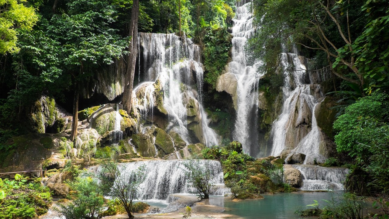 Обои деревья, скалы, природа, лес, водопад, лаос, kuang si waterfall, trees, rocks, nature, forest, waterfall, laos разрешение 2880x1920 Загрузить