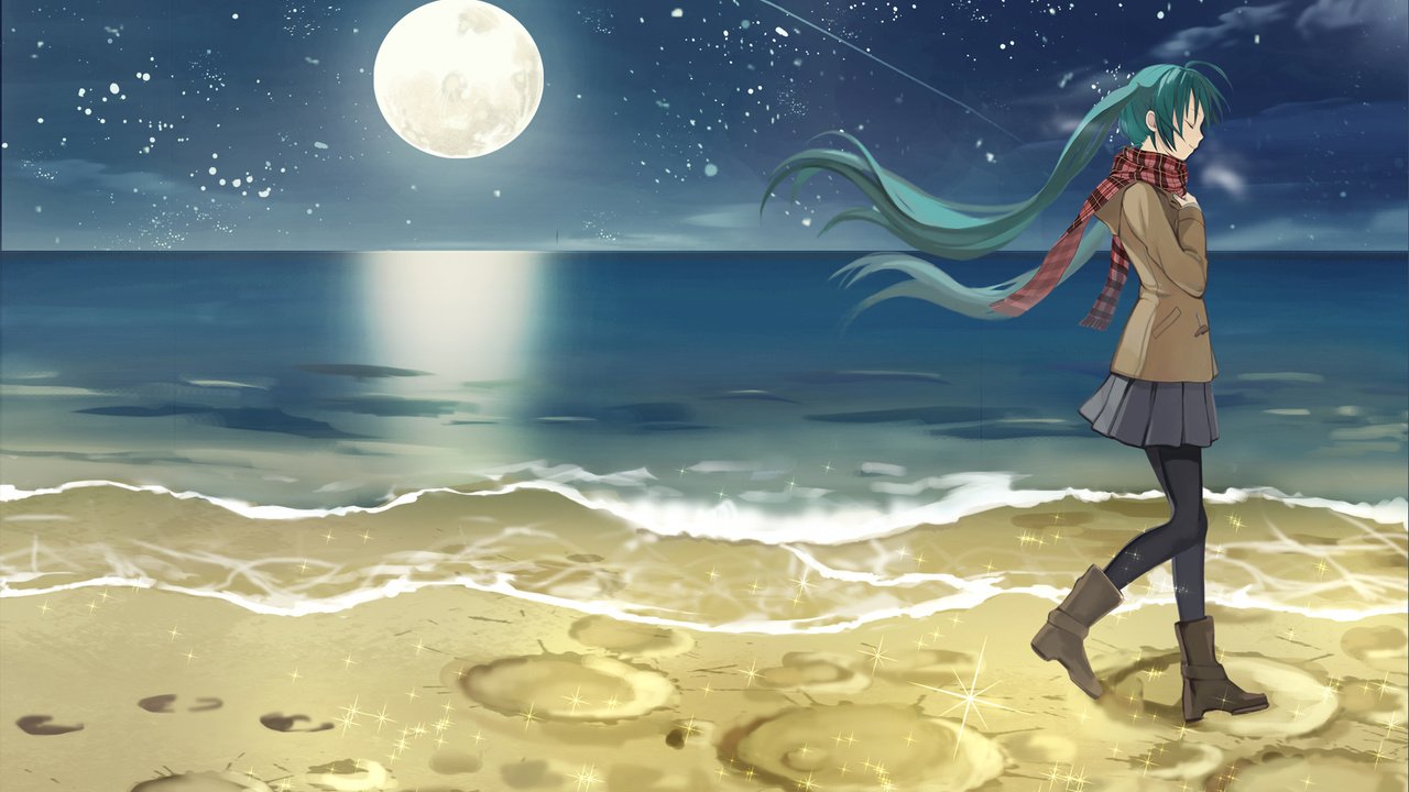 Обои арт, ночь, берег, девушка, аниме, kari kenji, мику хацунэ, art, night, shore, girl, anime, hatsune miku разрешение 1956x1174 Загрузить