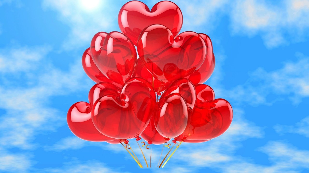 Обои любовь, воздушные шары, сердечки, неба, мелодрама, влюбленная, аэростаты, довольная, сердечка, love, balloons, hearts, sky, romance, happy, heart разрешение 2880x1920 Загрузить