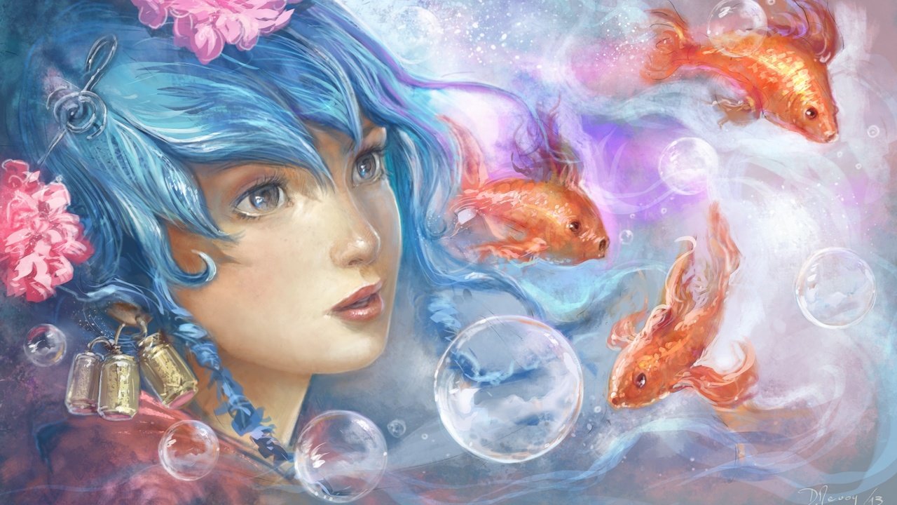 Обои глаза, голубые волосы, арт, вода, девушка, взгляд, рыбки, живопись, пузырьки, eyes, blue hair, art, water, girl, look, fish, painting, bubbles разрешение 2386x1437 Загрузить