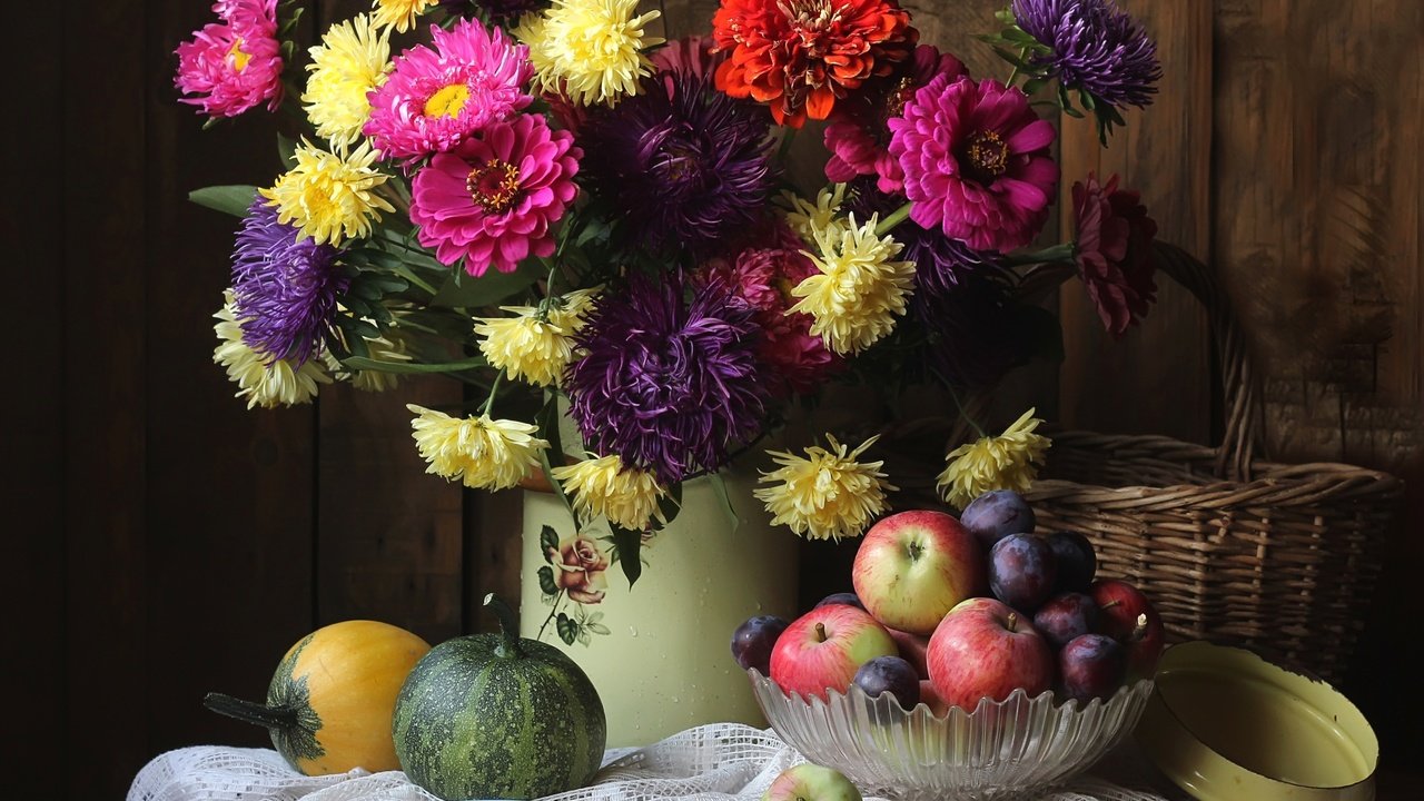 Обои яблоки, букет, тыква, натюрморт, сливы, астры, цинния, apples, bouquet, pumpkin, still life, plum, asters, zinnia разрешение 2850x2095 Загрузить