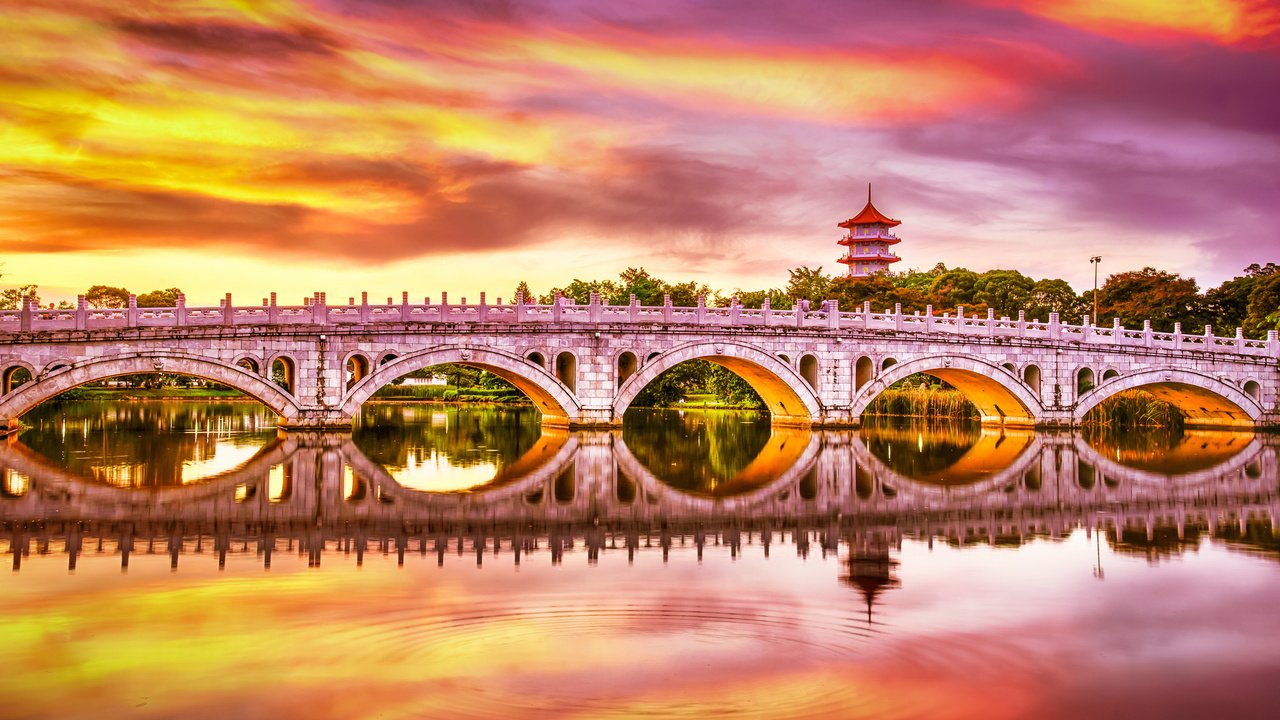 Обои закат, отражение, мост, водоем, сингапур, китайский сад, sunset, reflection, bridge, pond, singapore, chinese garden разрешение 2048x1366 Загрузить