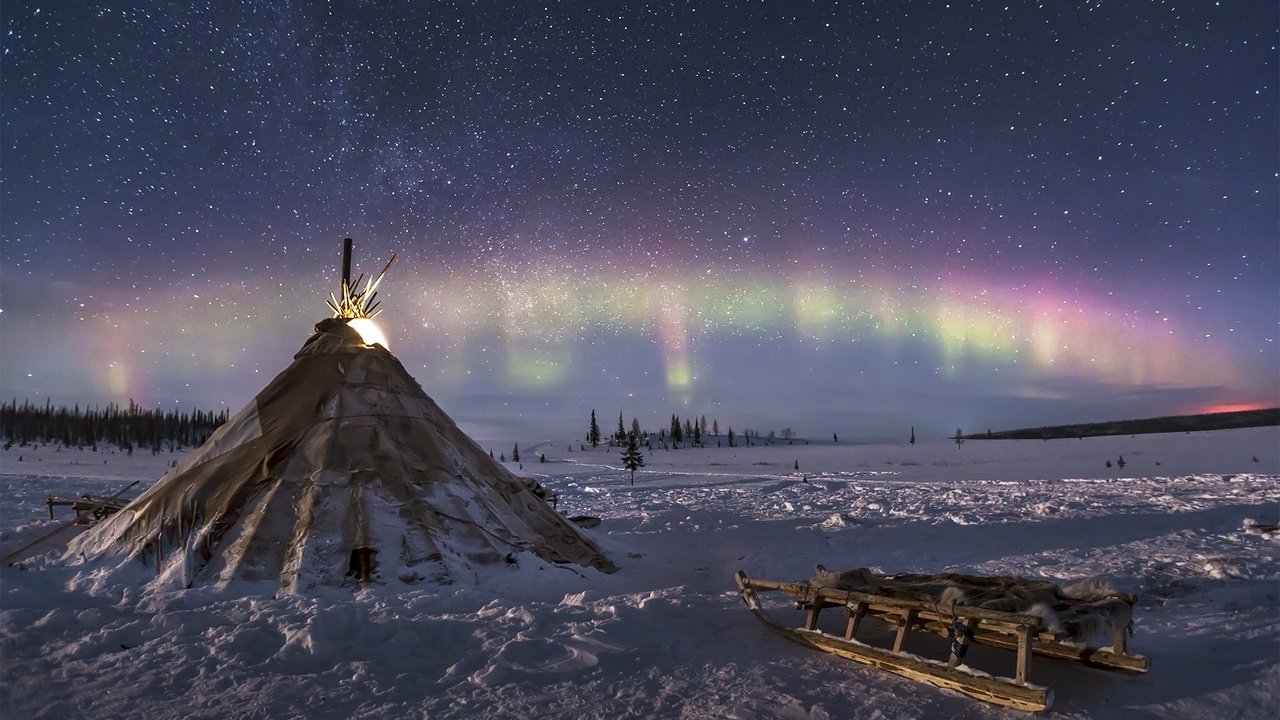 Обои зима, сани, северное сияние, север, тундра, вигвам, юрта, winter, sleigh, northern lights, north, tundra, wigwam, yurt разрешение 1920x1280 Загрузить