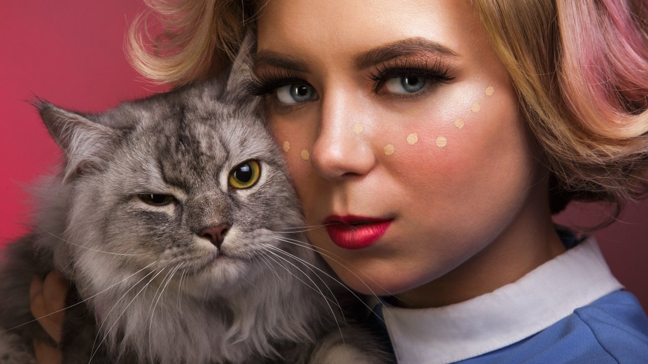 Обои девушка, кошка, взгляд, волосы, лицо, губки, girl, cat, look, hair, face, sponge разрешение 2560x1707 Загрузить