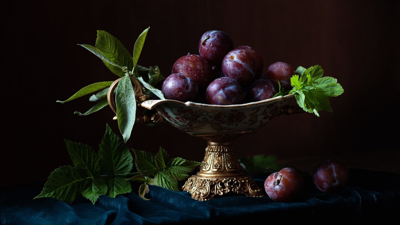 Обои листья, капли, фрукты, плоды, ваза, натюрморт, сливы, leaves, drops, fruit, vase, still life, plum разрешение 2500x1905 Загрузить