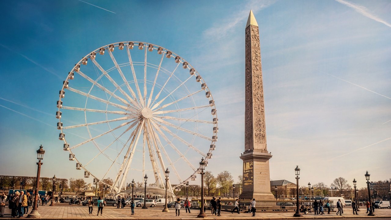 Обои люди, колесо обозрения, город, париж, франция, обелиск, people, ferris wheel, the city, paris, france, obelisk разрешение 3840x2560 Загрузить