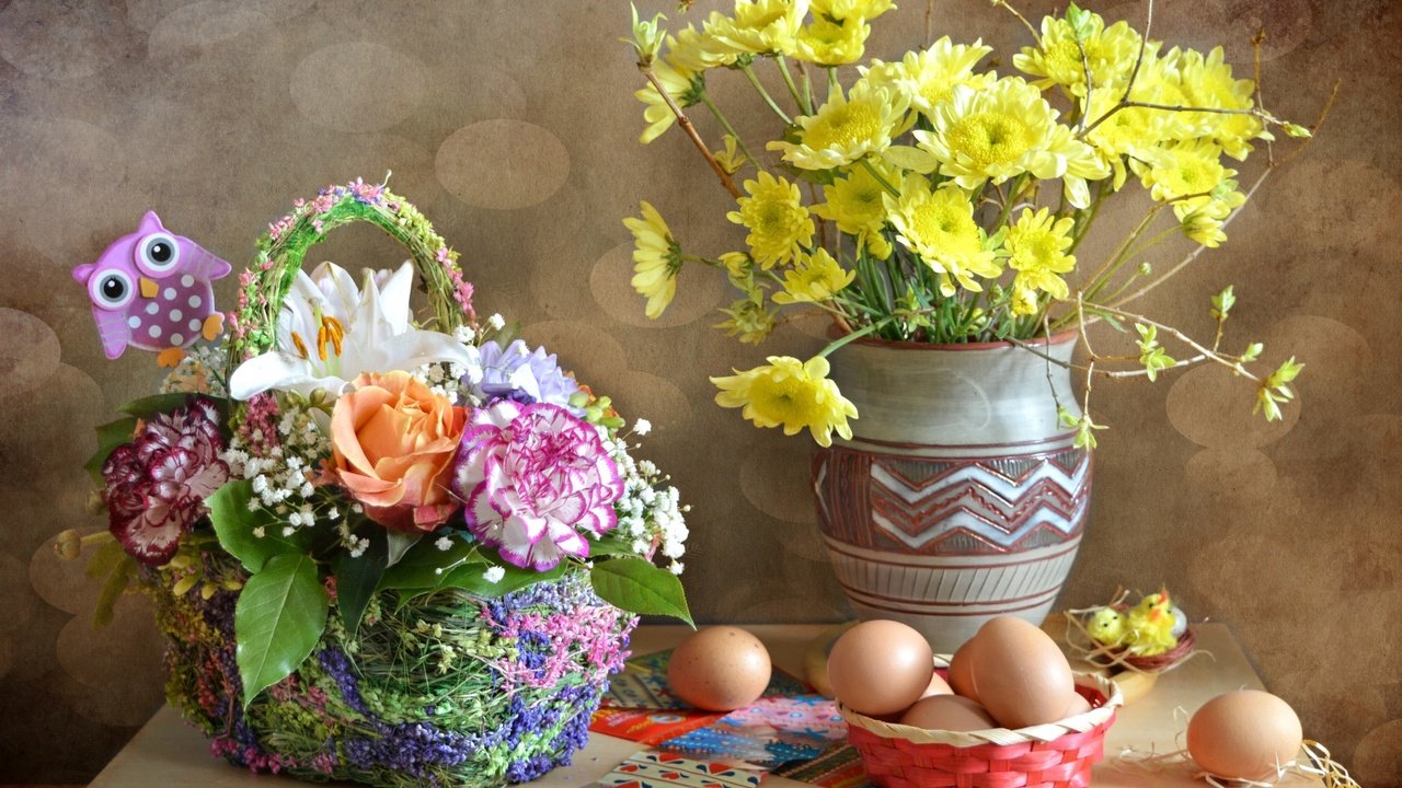 Обои цветы, букет, пасха, яйца, наклейки, flowers, bouquet, easter, eggs, stickers разрешение 1920x1290 Загрузить