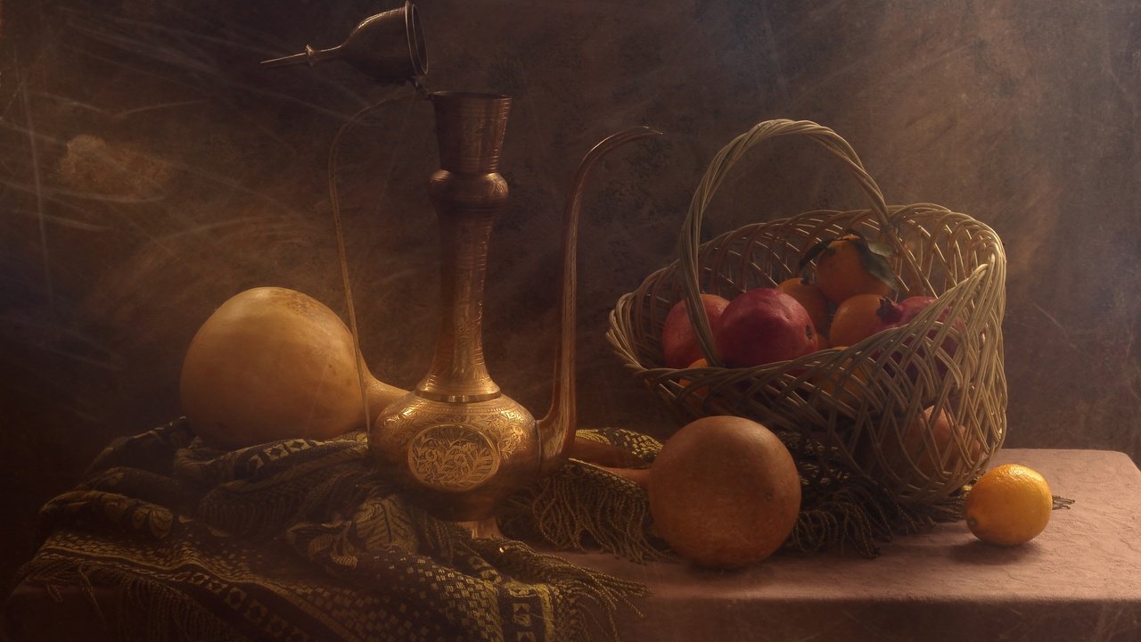 Обои фрукты, лимон, корзина, овощи, тыквы, натюрморт, гранат, fruit, lemon, basket, vegetables, pumpkin, still life, garnet разрешение 2500x1667 Загрузить