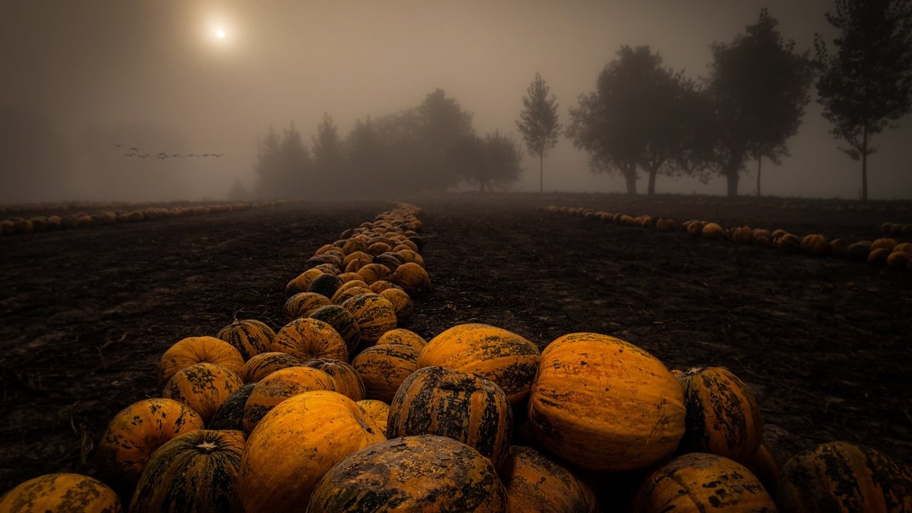 Обои ночь, деревья, туман, поле, урожай, тыквы, night, trees, fog, field, harvest, pumpkin разрешение 2048x1367 Загрузить