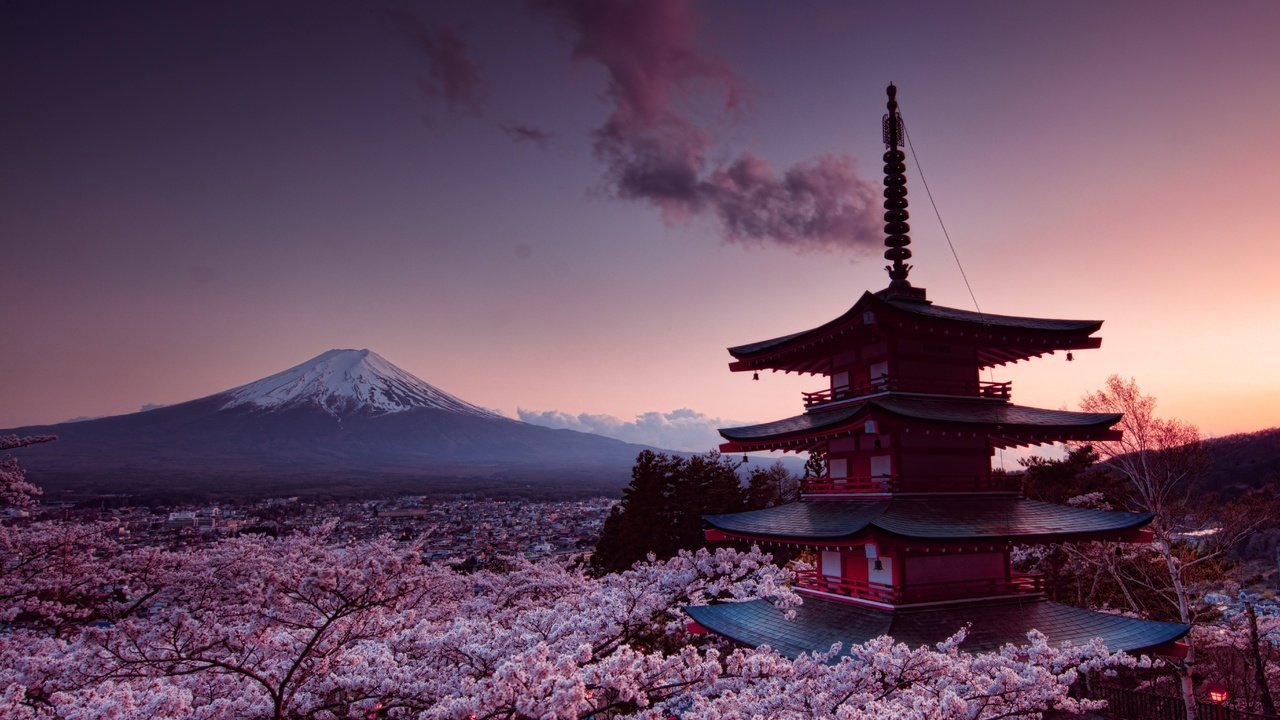 Обои гора, япония, весна, фудзияма, chureito pagoda, фудзиёсида, mountain, japan, spring, fuji, fujiyoshida разрешение 7332x4713 Загрузить