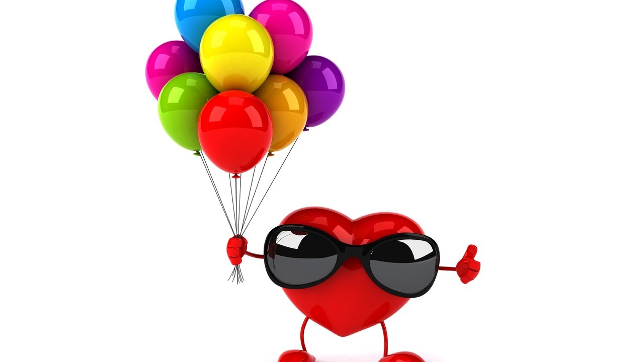 Обои очки, графика, сердце, белый фон, воздушные шары, 3д, glasses, graphics, heart, white background, balloons, 3d разрешение 6000x4000 Загрузить