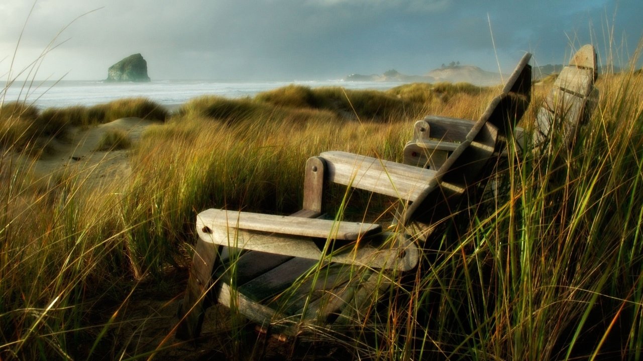 Обои трава, берег, море, скала, кресло, осока, grass, shore, sea, rock, chair, sedge разрешение 1920x1080 Загрузить