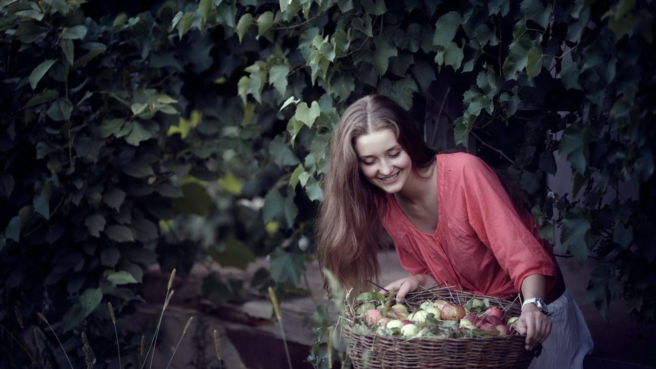 Обои девушка, улыбка, яблоки, корзина, girl, smile, apples, basket разрешение 1920x1200 Загрузить