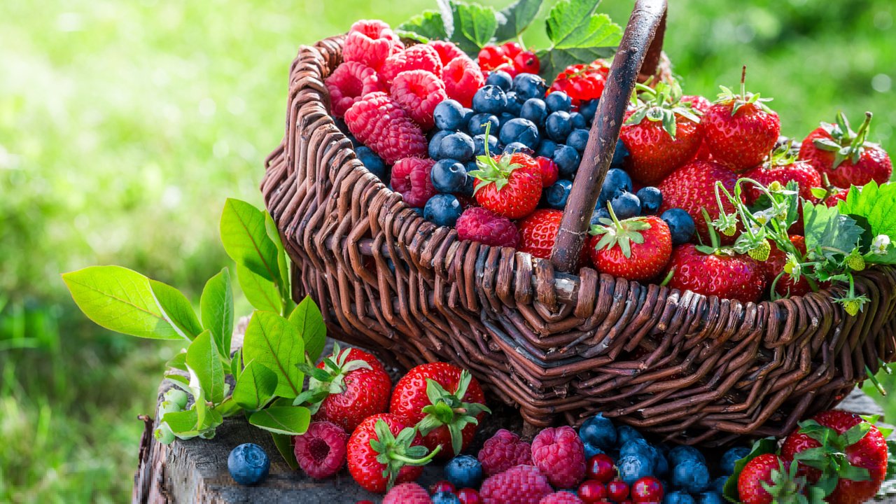 Обои малина, клубника, корзина, ягоды, черника, raspberry, strawberry, basket, berries, blueberries разрешение 3840x2400 Загрузить