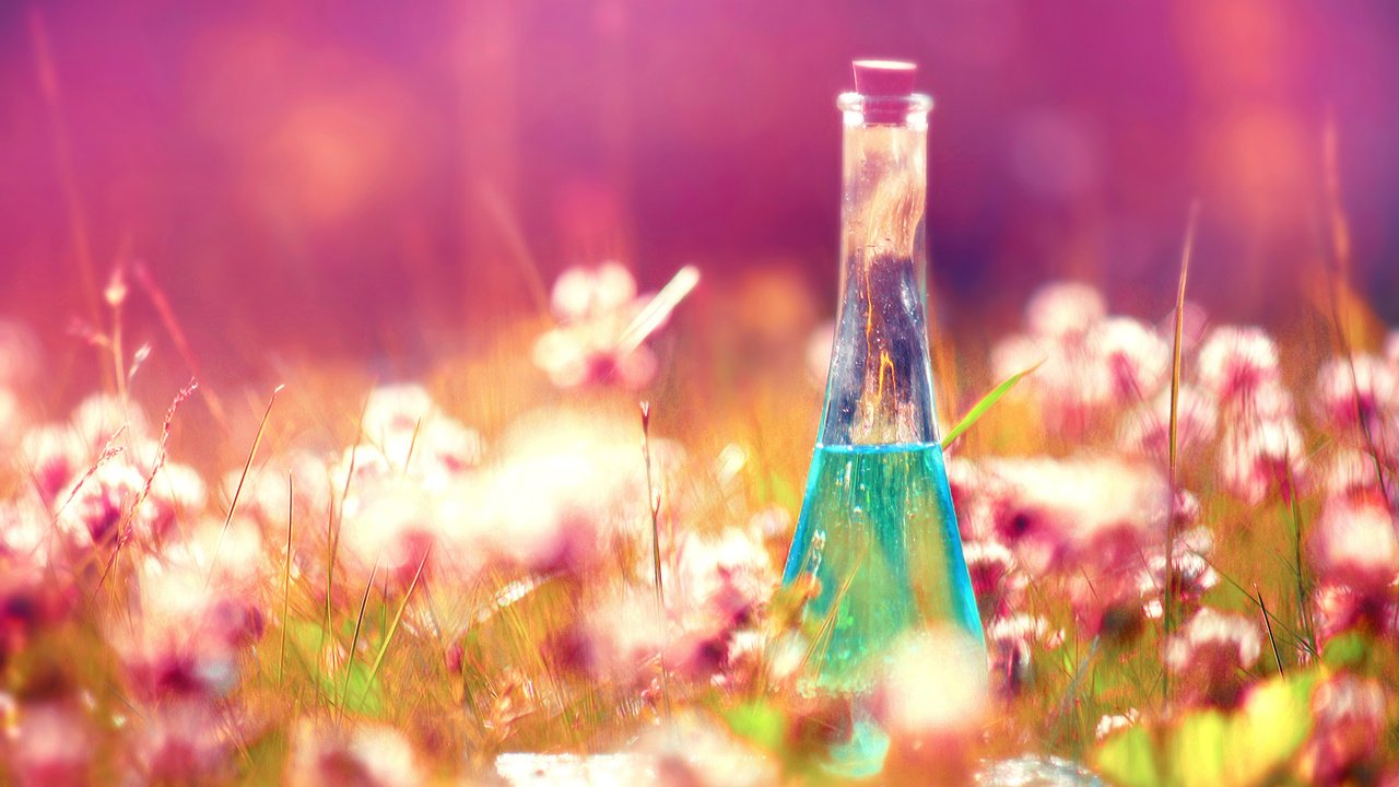 Обои цветы, трава, флакон, эликсир, flowers, grass, bottle, elixir разрешение 3840x2400 Загрузить