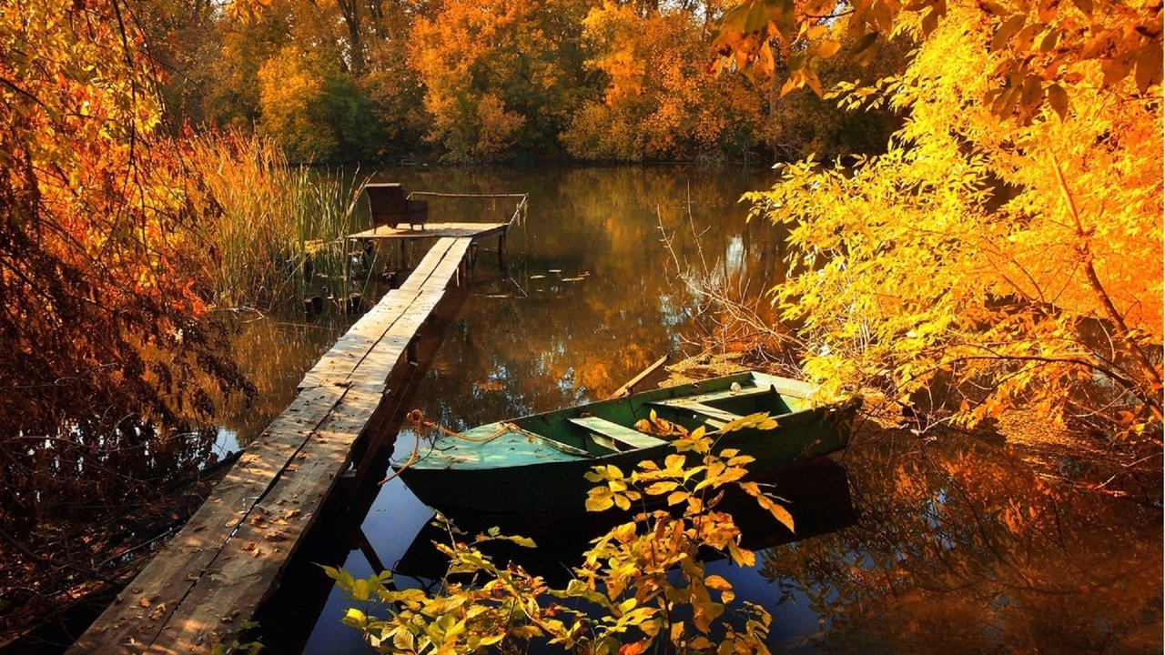 Обои деревья, желтая листва, вода, озеро, природа, мостик, осень, лодка, заводь, trees, yellow foliage, water, lake, nature, the bridge, autumn, boat, backwater разрешение 1920x1243 Загрузить