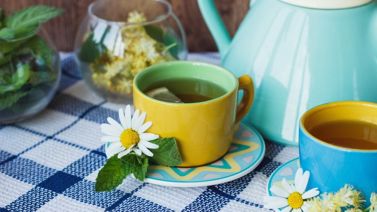 Обои цветы, мята, ромашка, лимон, чай, чашки, flowers, mint, daisy, lemon, tea, cup разрешение 2880x1800 Загрузить