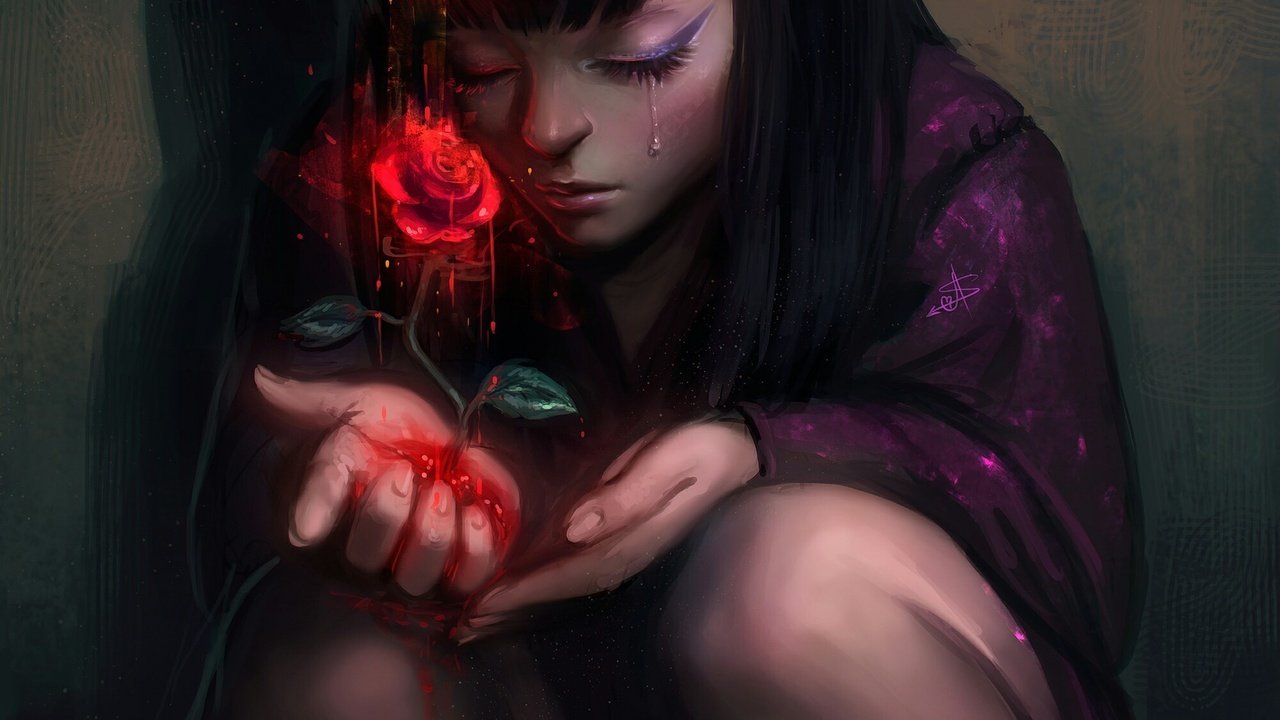 Обои арт, кровь, роза, девочка, слеза, судьба, art, blood, rose, girl, tear, destiny разрешение 2000x1312 Загрузить