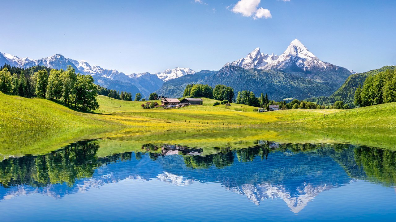 Обои небо, облака, деревья, озеро, горы, отражение, альпы, the sky, clouds, trees, lake, mountains, reflection, alps разрешение 2880x1800 Загрузить