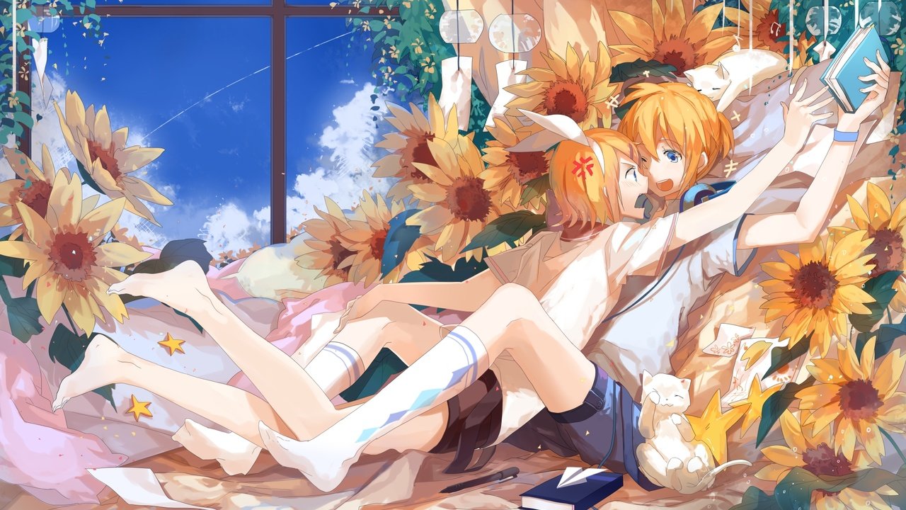 Обои вокалоид, подсолнухи, kagamine rin, блонд, kagamine len, vocaloid, sunflowers, blonde разрешение 2021x1200 Загрузить