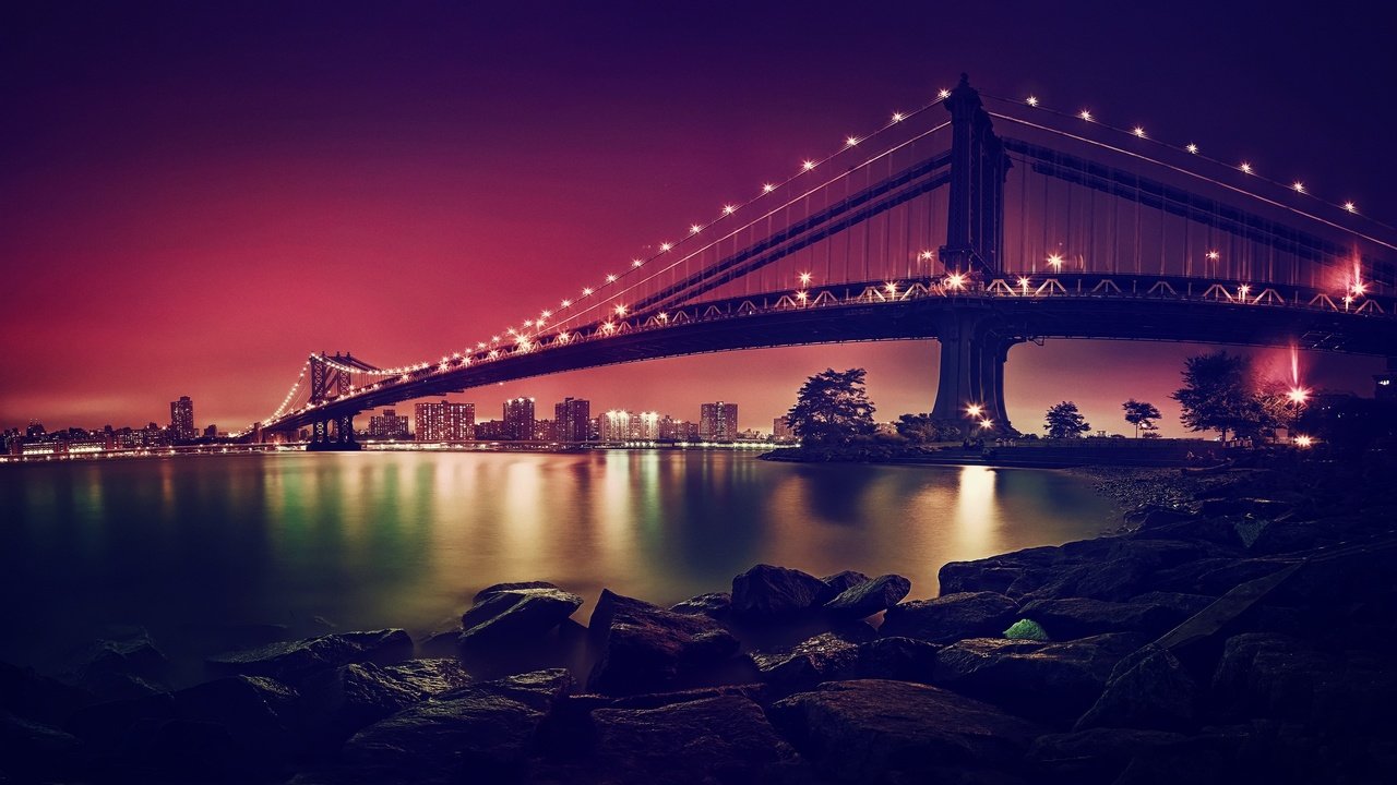 Обои ночь, мост, город, нью-йорк, манхэттен, бруклинский мост, бруклин, висячий мост, night, bridge, the city, new york, manhattan, brooklyn bridge, brooklyn, suspension bridge разрешение 3840x2160 Загрузить