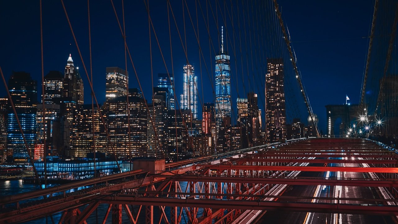 Обои ночь, огни, небоскребы, нью-йорк, здания, бруклинский мост, night, lights, skyscrapers, new york, building, brooklyn bridge разрешение 5899x3933 Загрузить