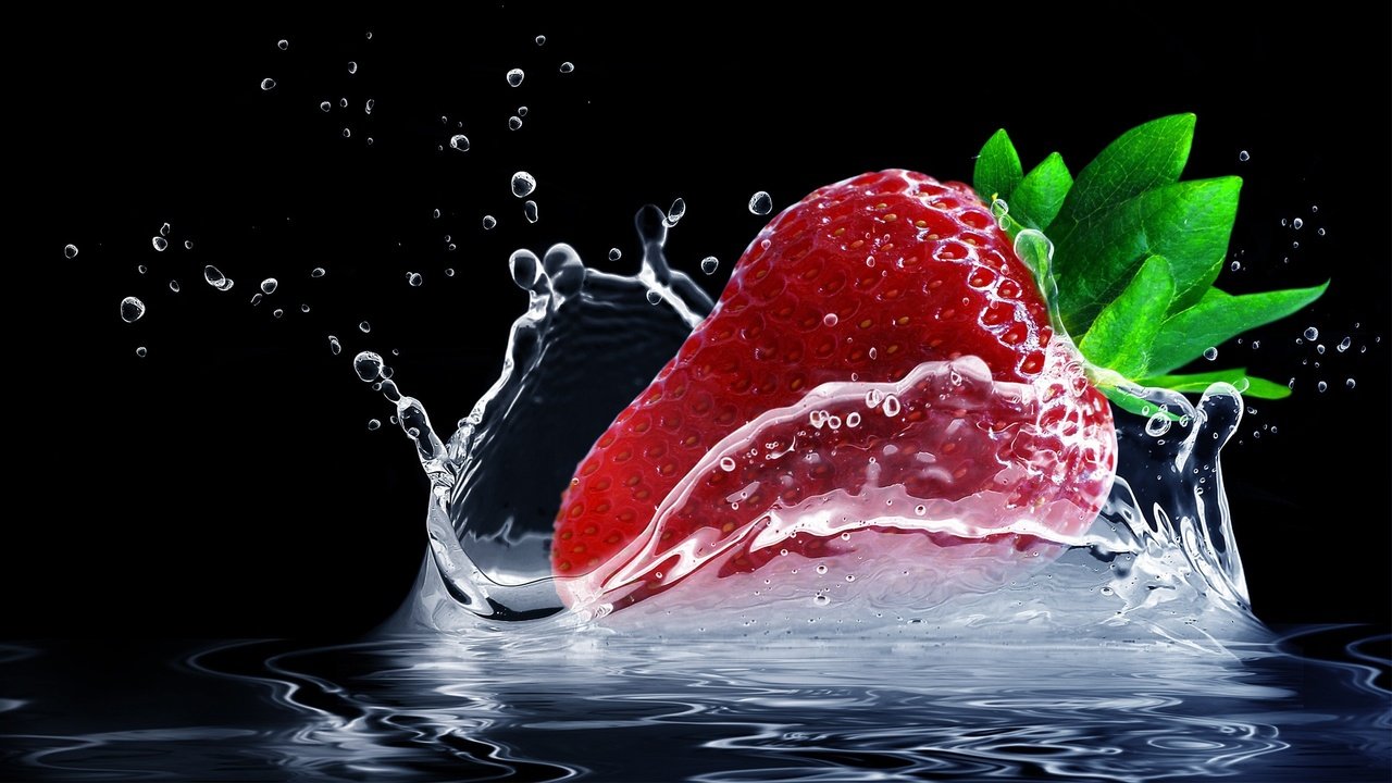 Обои вода, капли, клубника, брызги, черный фон, всплеск, water, drops, strawberry, squirt, black background, splash разрешение 2560x1440 Загрузить